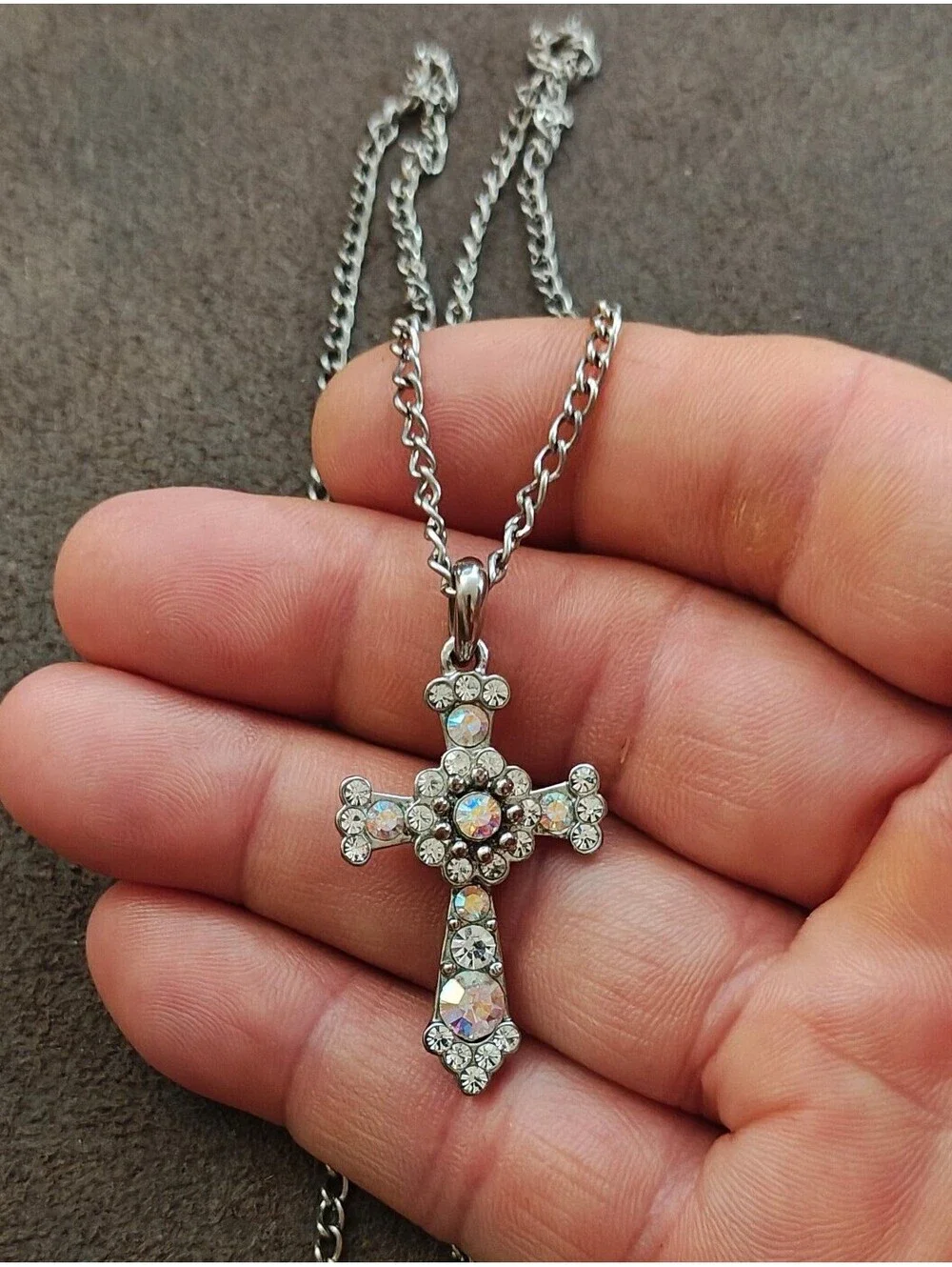 1990s Filigree With Aurora Borealis Rhinestones Silver Tone Cross Necklace